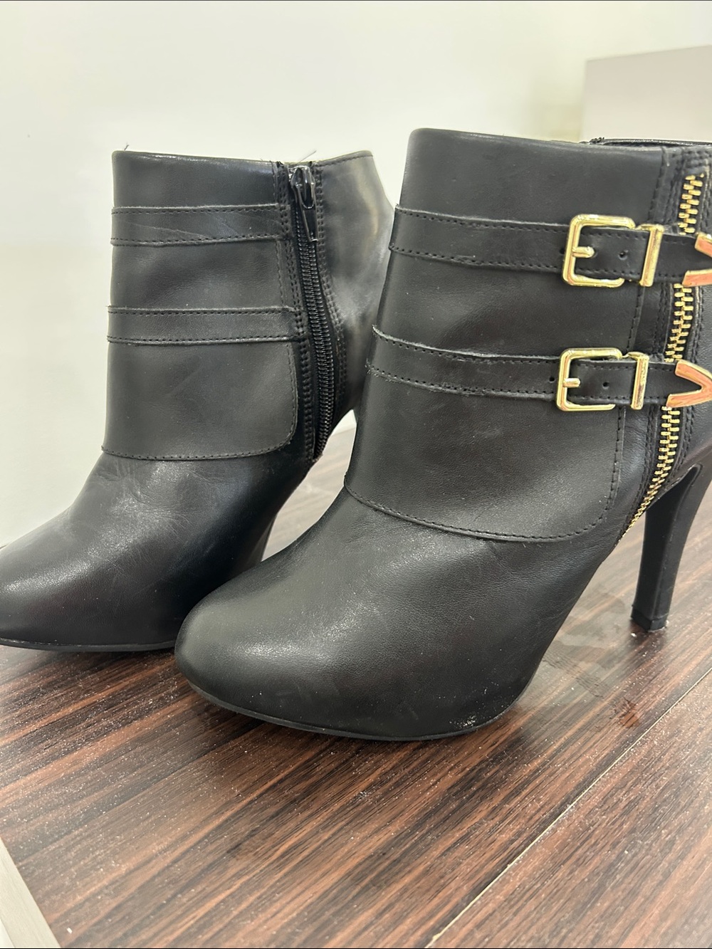 Women's Black Faux Leather Ankle Booties with Gold Buckle Detail